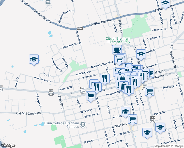 map of restaurants, bars, coffee shops, grocery stores, and more near 512 West Jefferson Street in Brenham