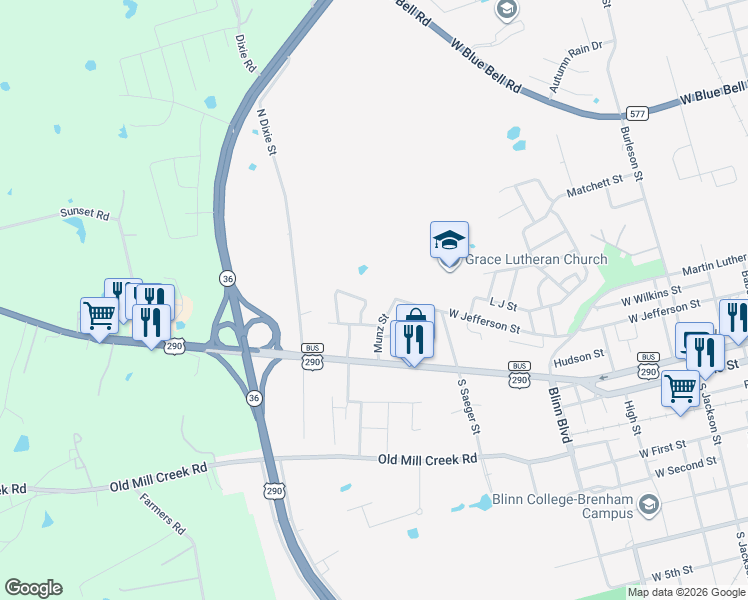 map of restaurants, bars, coffee shops, grocery stores, and more near 208 Edward Lane in Brenham