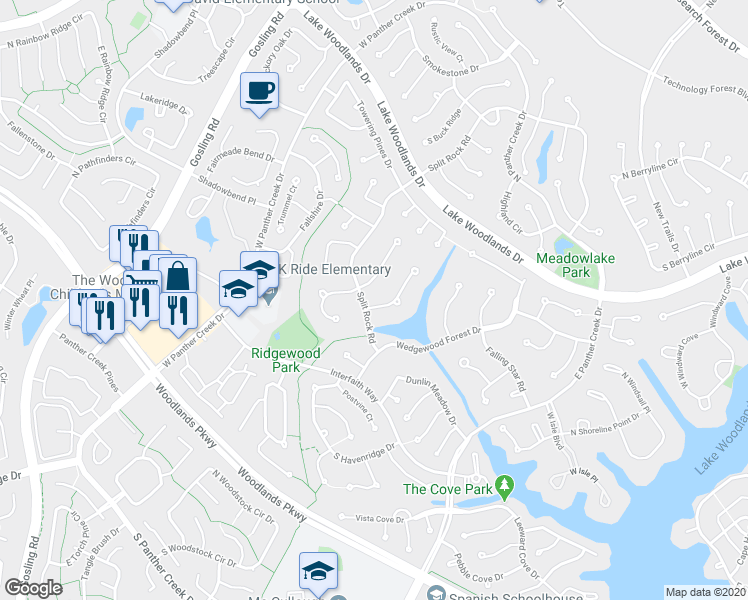 map of restaurants, bars, coffee shops, grocery stores, and more near 1 West Wedgewood Glen in Spring