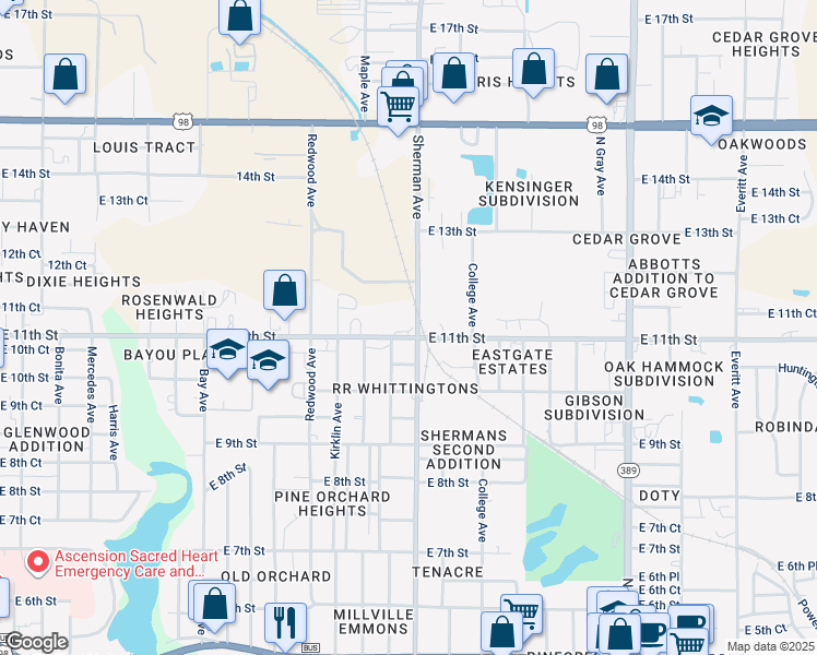map of restaurants, bars, coffee shops, grocery stores, and more near 2007 East 11th Street in Panama City
