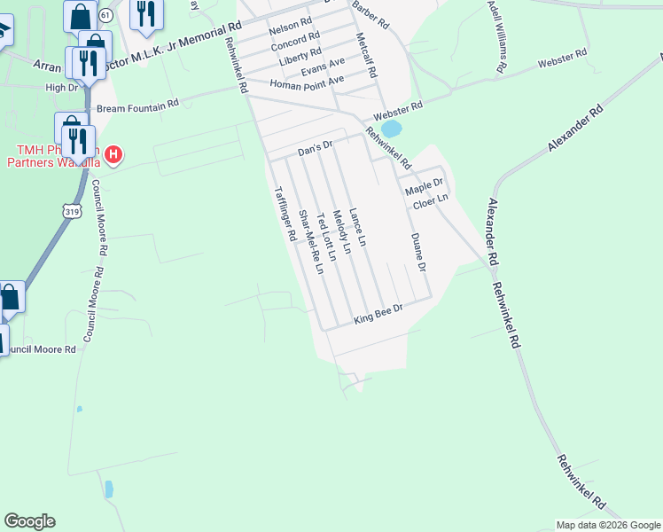 map of restaurants, bars, coffee shops, grocery stores, and more near 116 Ted Lott Lane in Crawfordville