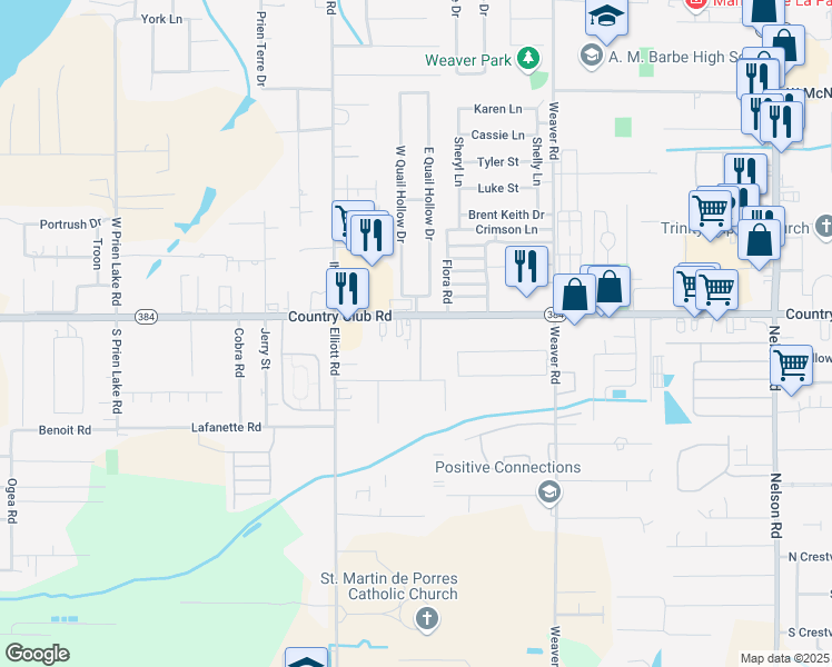 map of restaurants, bars, coffee shops, grocery stores, and more near 2625 Country Club Road in Lake Charles