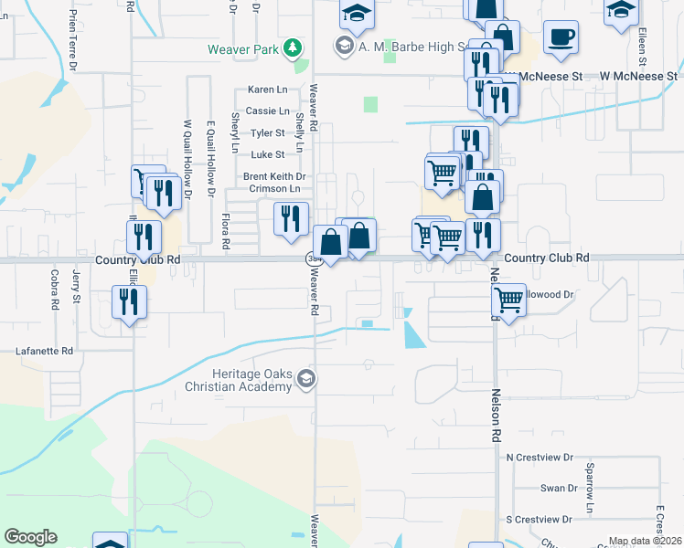 map of restaurants, bars, coffee shops, grocery stores, and more near 2313 Country Club Road in Lake Charles
