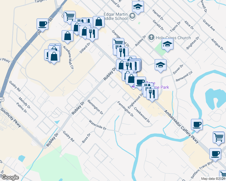 map of restaurants, bars, coffee shops, grocery stores, and more near 116-118 Briaroak Court in Lafayette