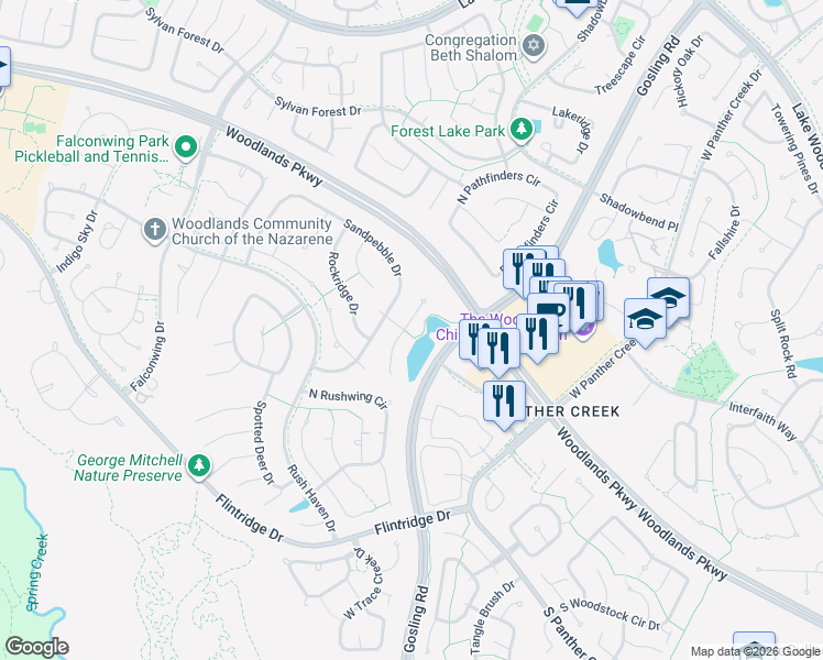 map of restaurants, bars, coffee shops, grocery stores, and more near 50 Winter Wheat Place in Spring