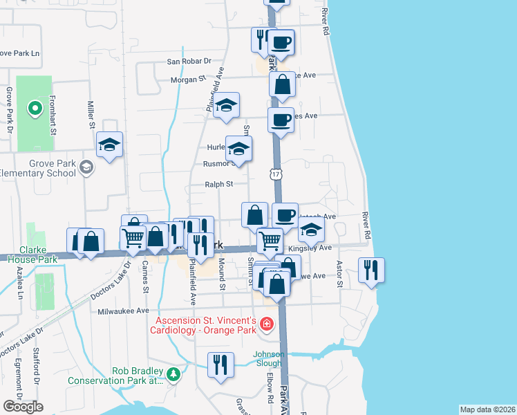 map of restaurants, bars, coffee shops, grocery stores, and more near 1800 Park Avenue in Orange Park