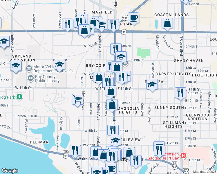 map of restaurants, bars, coffee shops, grocery stores, and more near 1101 Harrison Avenue in Panama City