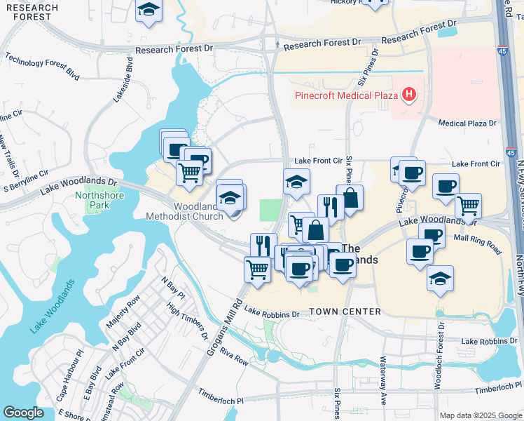 map of restaurants, bars, coffee shops, grocery stores, and more near 9391 Grogans Mill Road in Spring