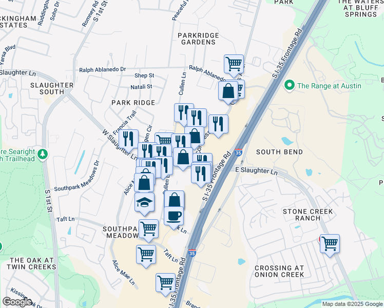map of restaurants, bars, coffee shops, grocery stores, and more near 9000 Texas 275 Loop in Austin