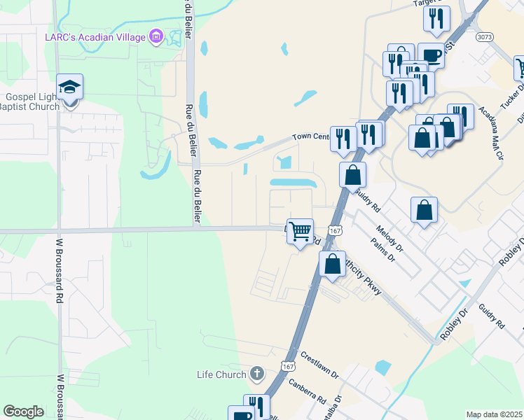 map of restaurants, bars, coffee shops, grocery stores, and more near 108 Township Lane in Lafayette