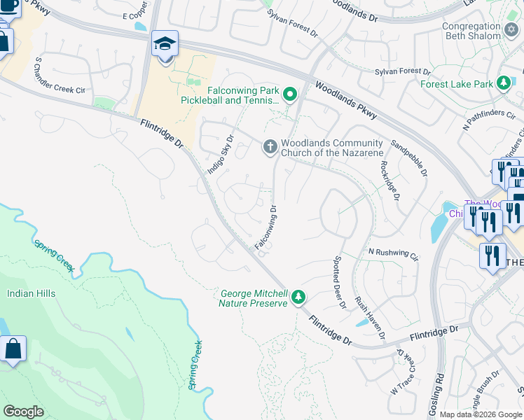 map of restaurants, bars, coffee shops, grocery stores, and more near 17 Sun Shower Court in Spring
