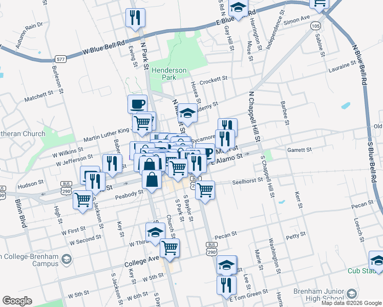 map of restaurants, bars, coffee shops, grocery stores, and more near 301 East Main Street in Brenham