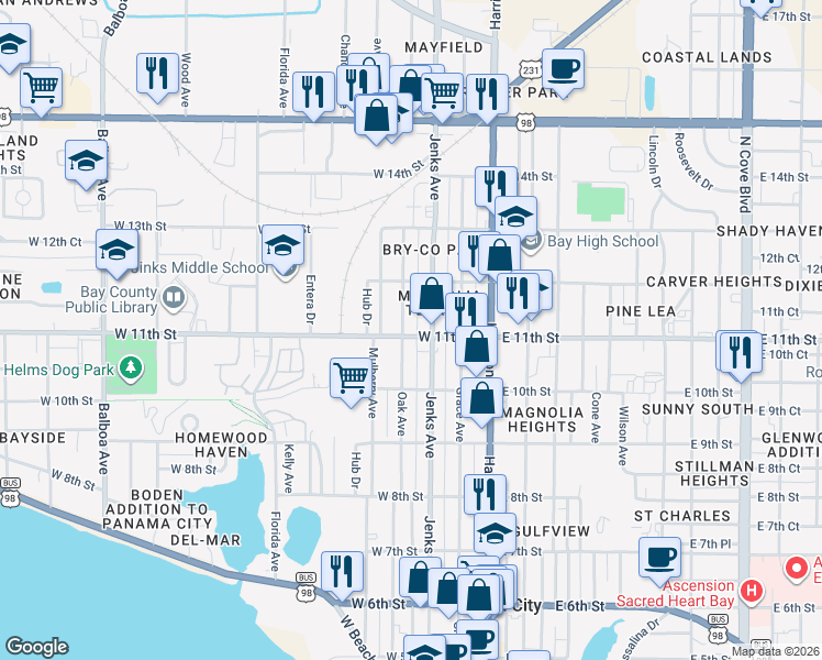 map of restaurants, bars, coffee shops, grocery stores, and more near 1100 Oak Avenue in Panama City