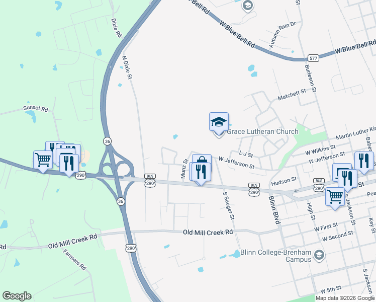 map of restaurants, bars, coffee shops, grocery stores, and more near 208 Edward Lane in Brenham