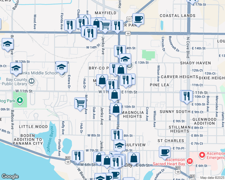 map of restaurants, bars, coffee shops, grocery stores, and more near 1101 Harrison Avenue in Panama City