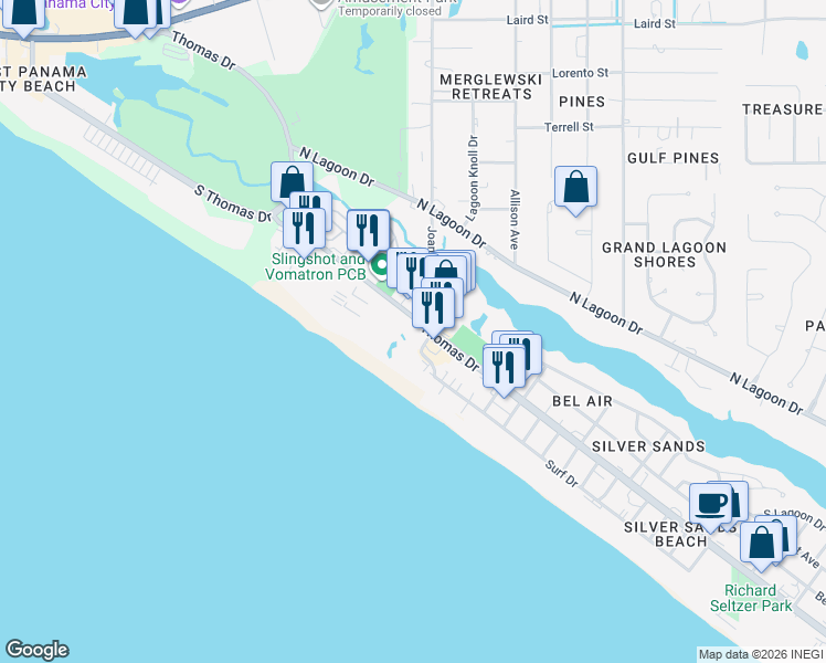 map of restaurants, bars, coffee shops, grocery stores, and more near Thomas Drive in Panama City
