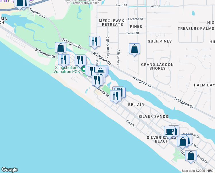 map of restaurants, bars, coffee shops, grocery stores, and more near 240 Bonita Circle in Panama City Beach