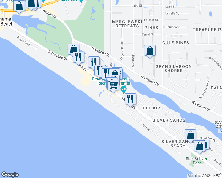 map of restaurants, bars, coffee shops, grocery stores, and more near 8700 Thomas Drive in Panama City Beach