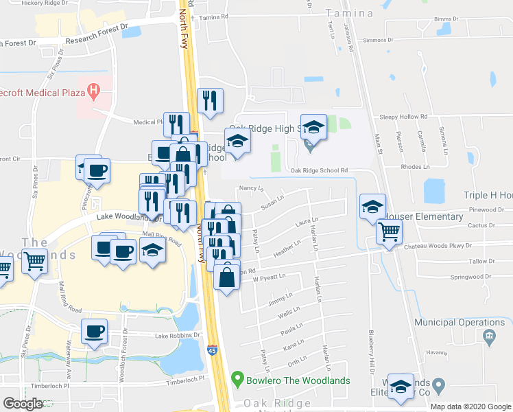 map of restaurants, bars, coffee shops, grocery stores, and more near 205 Susan Lane in Conroe