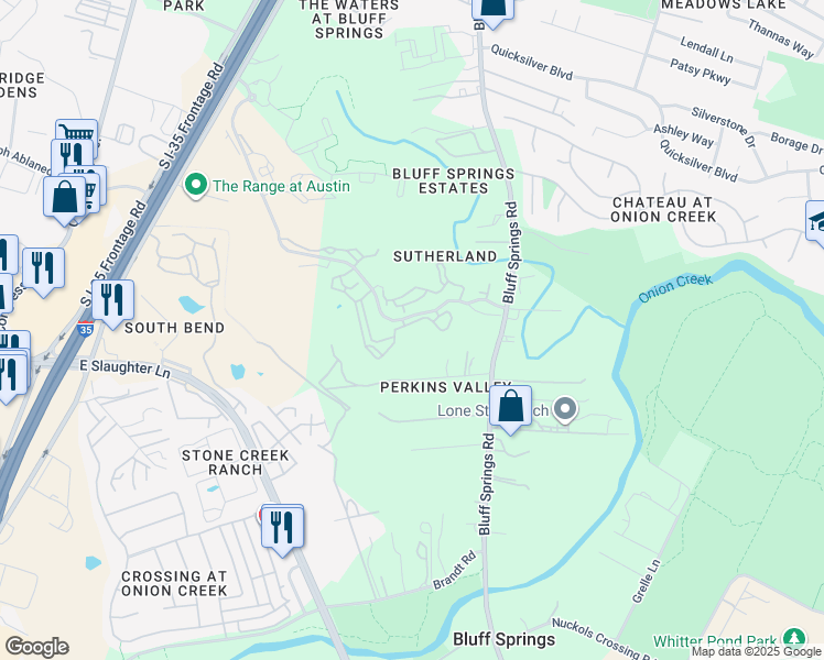 map of restaurants, bars, coffee shops, grocery stores, and more near 8350 Bluff Springs Road in Austin