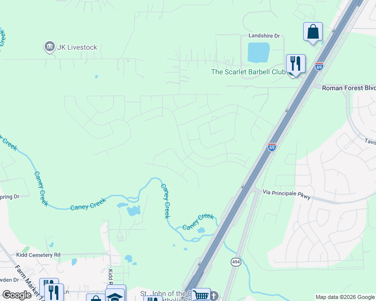 map of restaurants, bars, coffee shops, grocery stores, and more near in Roman Forest