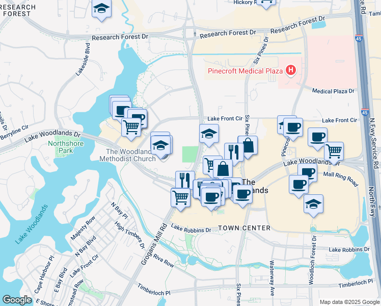 map of restaurants, bars, coffee shops, grocery stores, and more near 9391 Grogans Mill Road in Spring