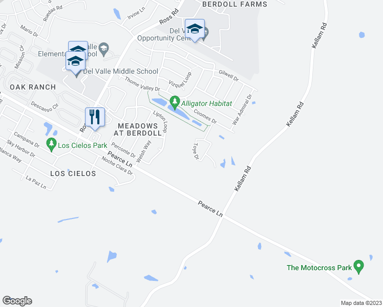 map of restaurants, bars, coffee shops, grocery stores, and more near 6108 Toye Drive in Del Valle