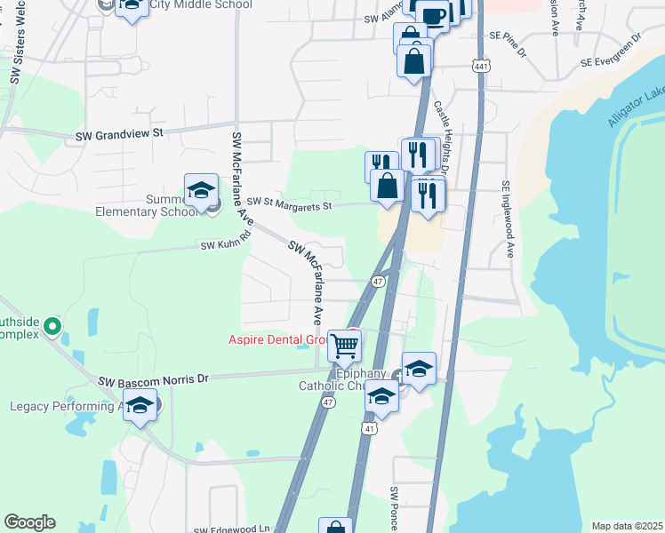 map of restaurants, bars, coffee shops, grocery stores, and more near 738 Southwest Amberwood Loop in Lake City