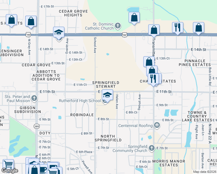 map of restaurants, bars, coffee shops, grocery stores, and more near 3601 East 11th Street in Panama City