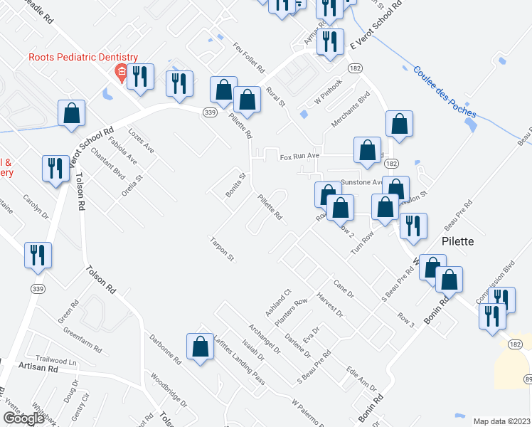 map of restaurants, bars, coffee shops, grocery stores, and more near 312 Vieux Orleans Circle in Lafayette
