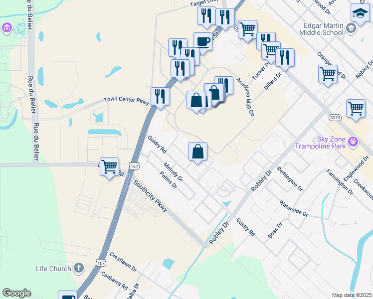 map of restaurants, bars, coffee shops, grocery stores, and more near 116 Reserve Drive in Lafayette
