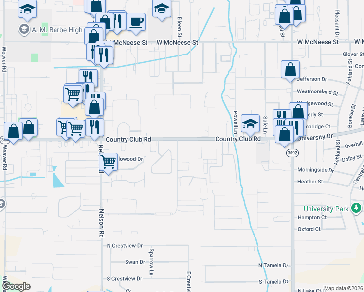 map of restaurants, bars, coffee shops, grocery stores, and more near 1527 Country Club Road in Lake Charles