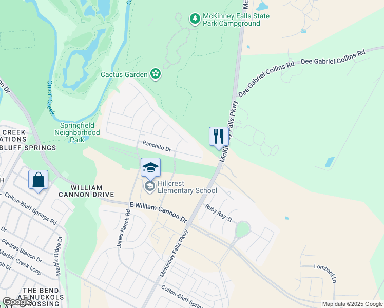 map of restaurants, bars, coffee shops, grocery stores, and more near 7225 Ranchito Drive in Austin