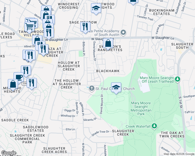 map of restaurants, bars, coffee shops, grocery stores, and more near 9900 David Moore Drive in Austin