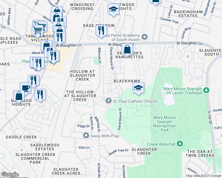 map of restaurants, bars, coffee shops, grocery stores, and more near 9900 David Moore Drive in Austin