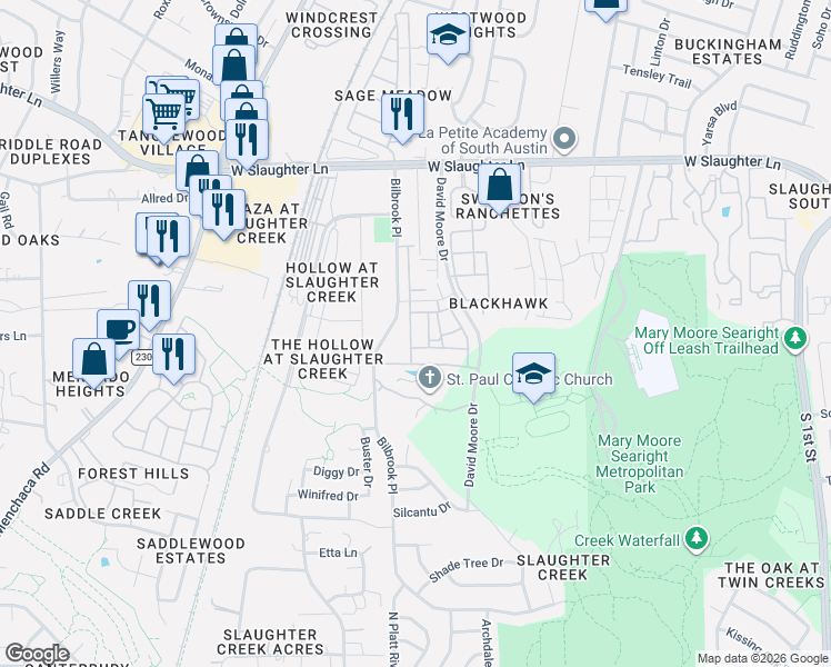 map of restaurants, bars, coffee shops, grocery stores, and more near 9935 Bilbrook Place in Austin