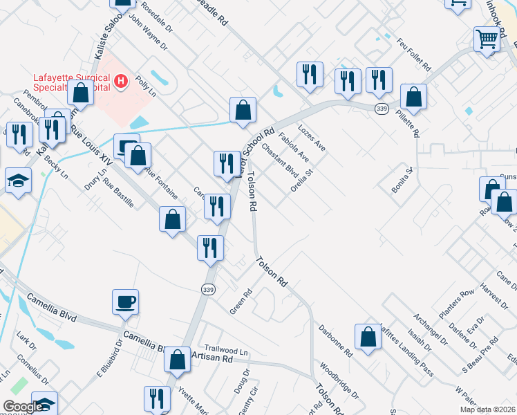 map of restaurants, bars, coffee shops, grocery stores, and more near 313 Tolson Road in Lafayette