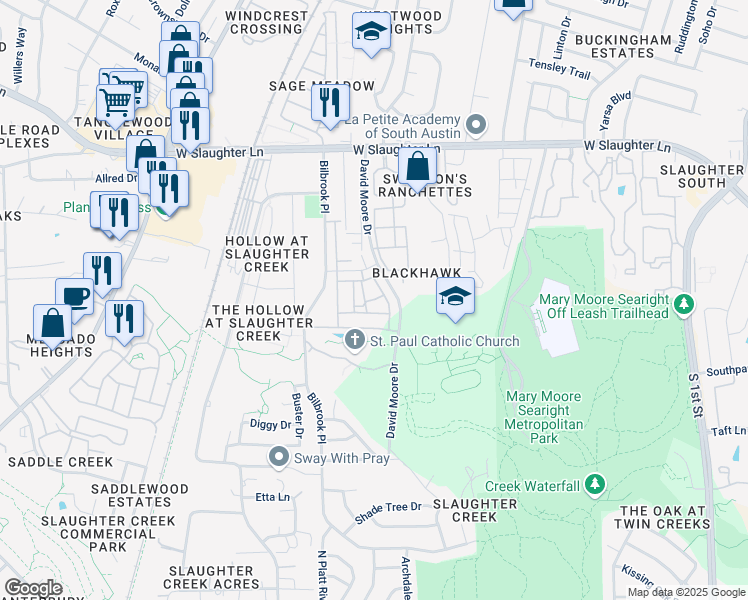 map of restaurants, bars, coffee shops, grocery stores, and more near 9900 David Moore Drive in Austin