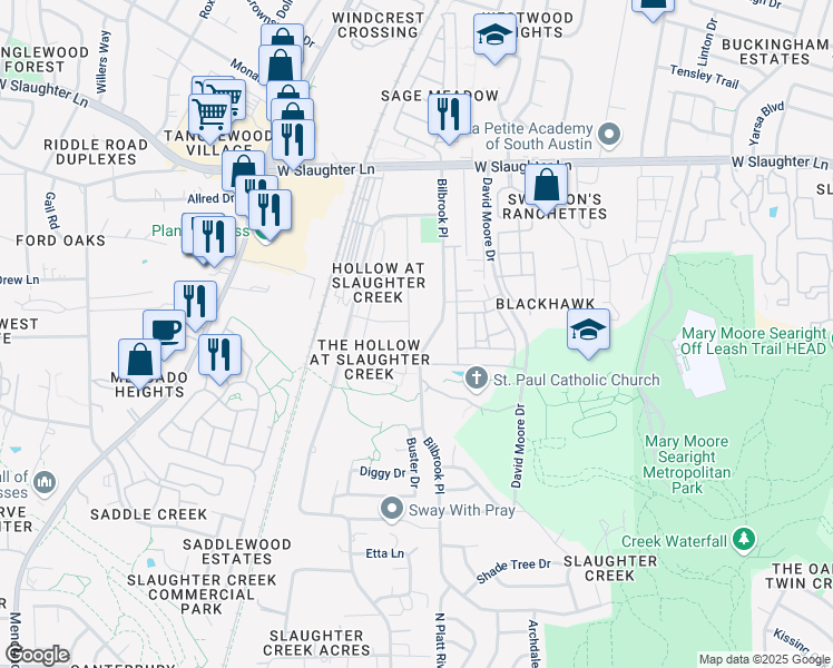 map of restaurants, bars, coffee shops, grocery stores, and more near 10113 Aly May Drive in Austin