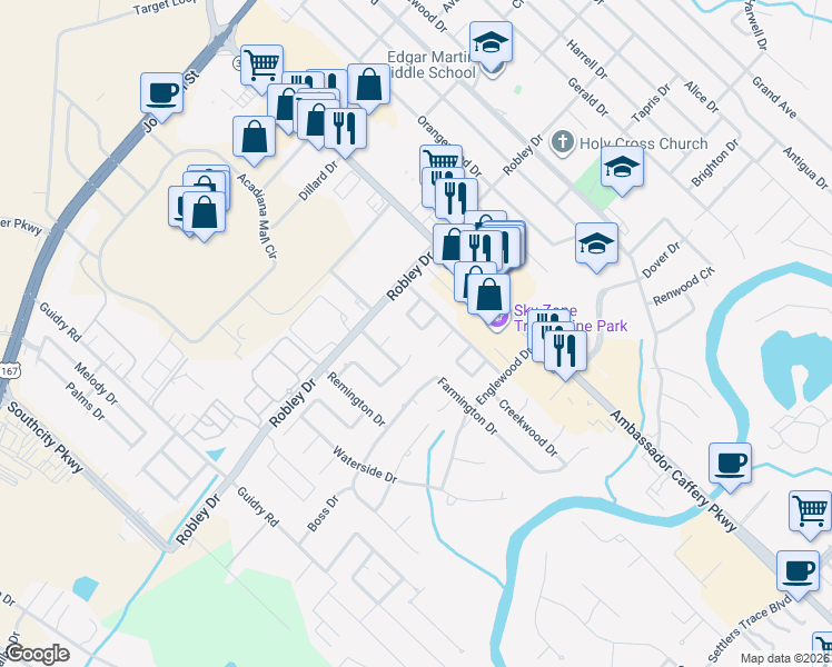 map of restaurants, bars, coffee shops, grocery stores, and more near 116 Briaroak Court in Lafayette