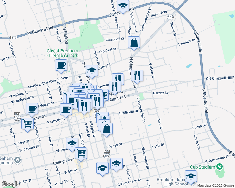 map of restaurants, bars, coffee shops, grocery stores, and more near 600 East Main Street in Brenham