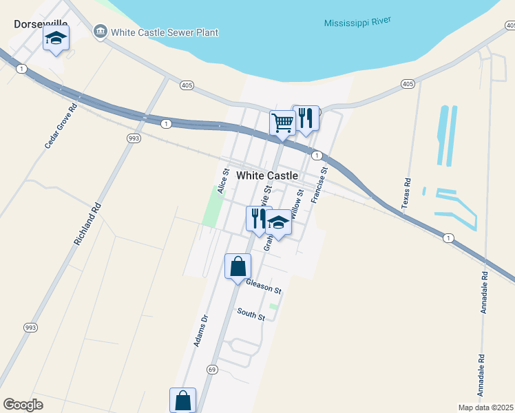map of restaurants, bars, coffee shops, grocery stores, and more near 32590 Bowie Street in White Castle