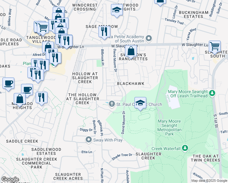 map of restaurants, bars, coffee shops, grocery stores, and more near 9900 David Moore Drive in Austin
