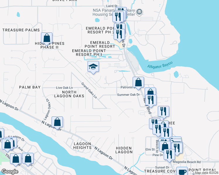 map of restaurants, bars, coffee shops, grocery stores, and more near 7249 Patronis Drive in Panama City