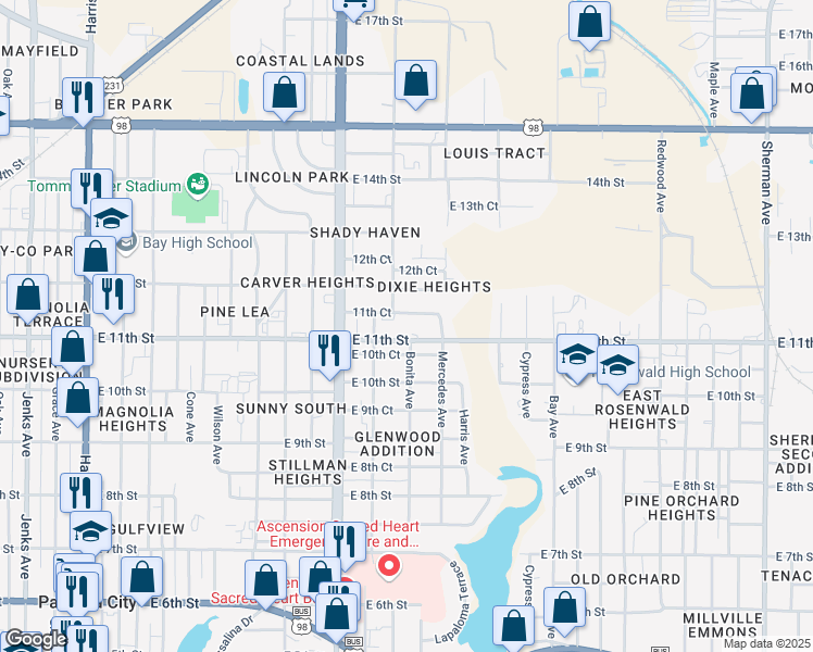 map of restaurants, bars, coffee shops, grocery stores, and more near 819 East 11th Street in Panama City