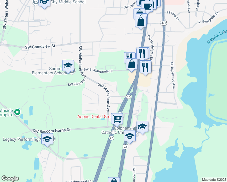 map of restaurants, bars, coffee shops, grocery stores, and more near 738 Southwest Amberwood Loop in Lake City