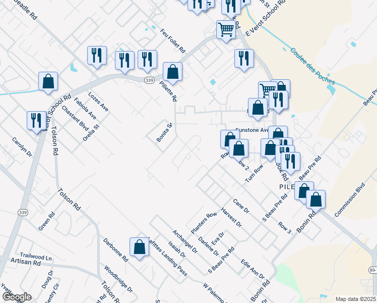 map of restaurants, bars, coffee shops, grocery stores, and more near 312 Vieux Orleans Circle in Lafayette