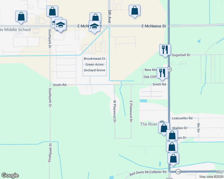 map of restaurants, bars, coffee shops, grocery stores, and more near 5520 West Pinewood Drive in Lake Charles
