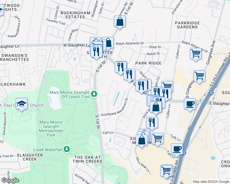 map of restaurants, bars, coffee shops, grocery stores, and more near 9313 Margaret Jewel Lane in Austin