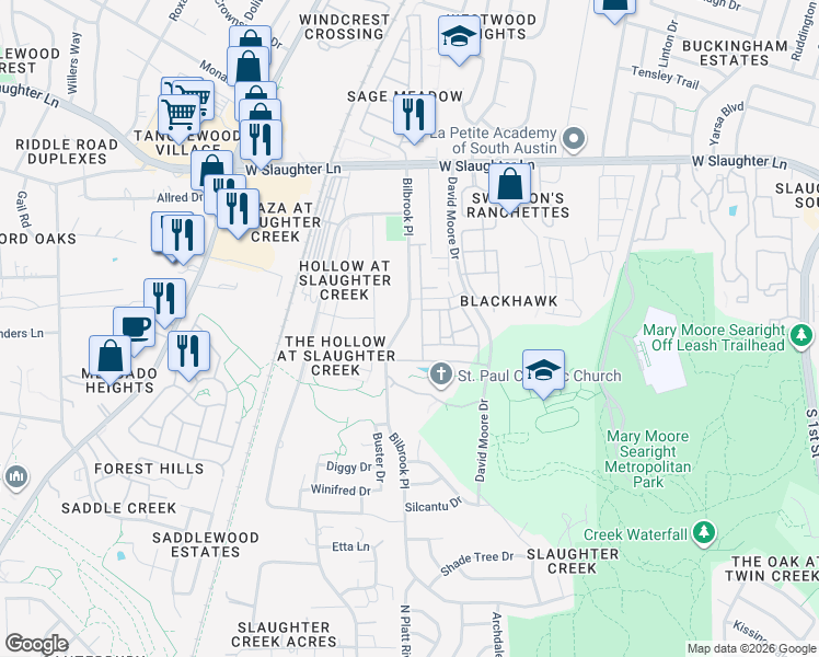 map of restaurants, bars, coffee shops, grocery stores, and more near 9935 Bilbrook Place in Austin